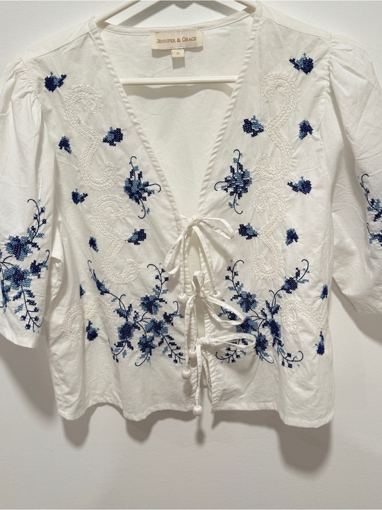 Jennifer & Grace Tops - Jennifer & Grace White V-Neck Embroidered Peasant Blouse with Blue Floral Detail